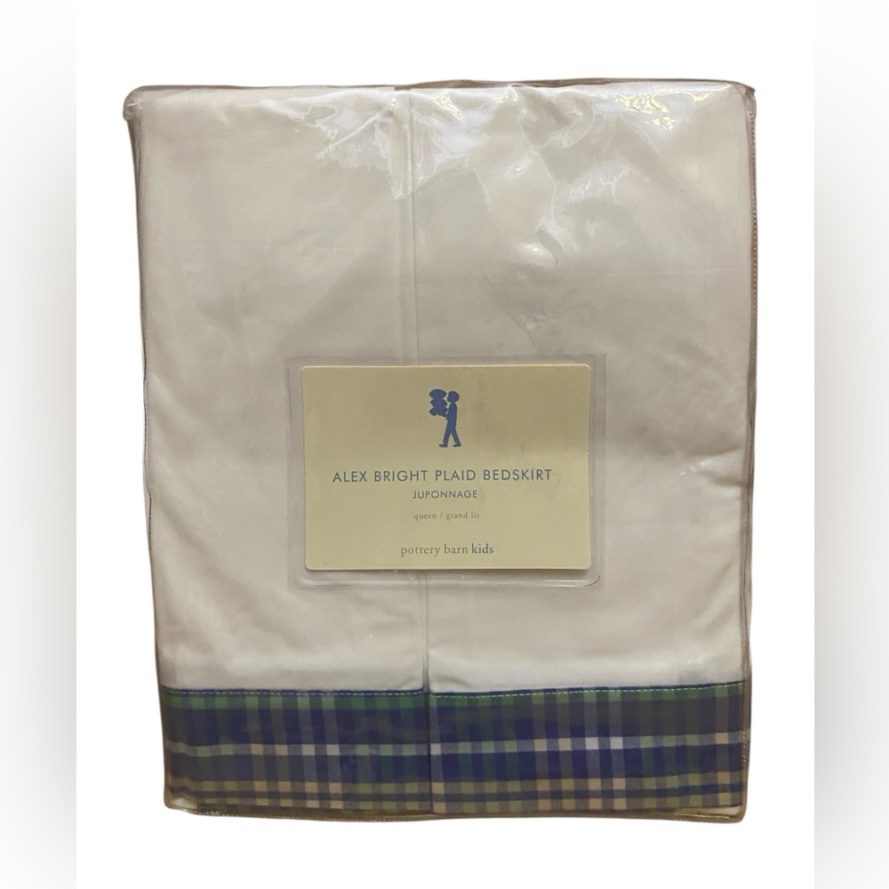 Pottery Barn Kids Alex Bright Plaid Bedskirt Queen Size 100% Cotton New